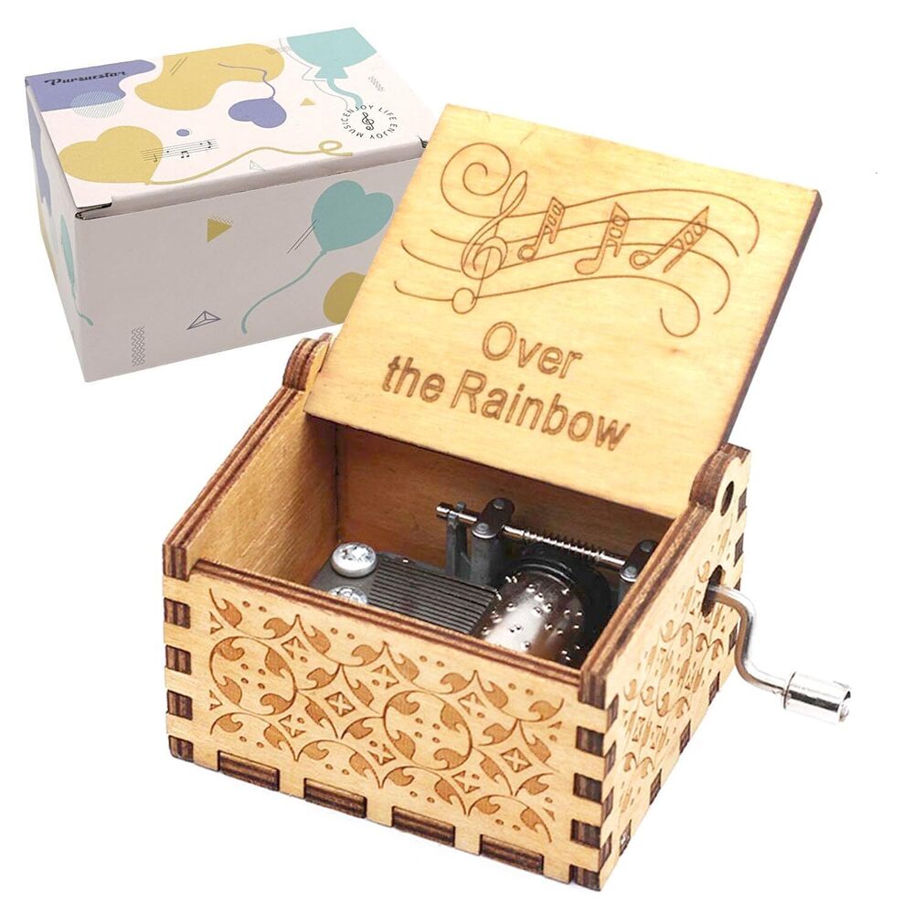 9539 Over The Rainbow Wood Music Box, Hand Crank Engraved Vintage Wooden